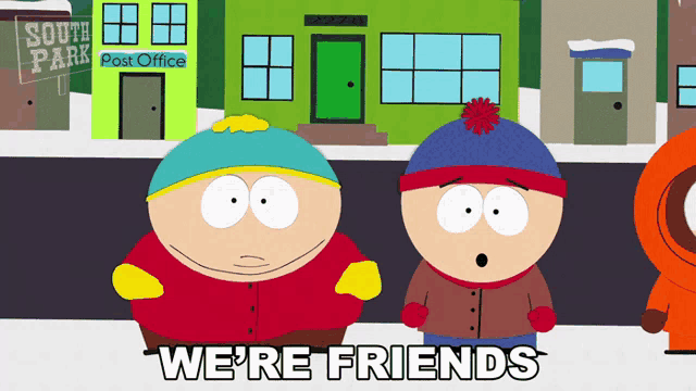 two south park characters are standing in front of a green building that says south park post office