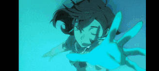 a girl is flying through the air with a blue hand reaching out to her .