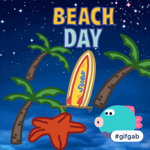 a cartoon illustration of a beach day with a starfish and surfboard