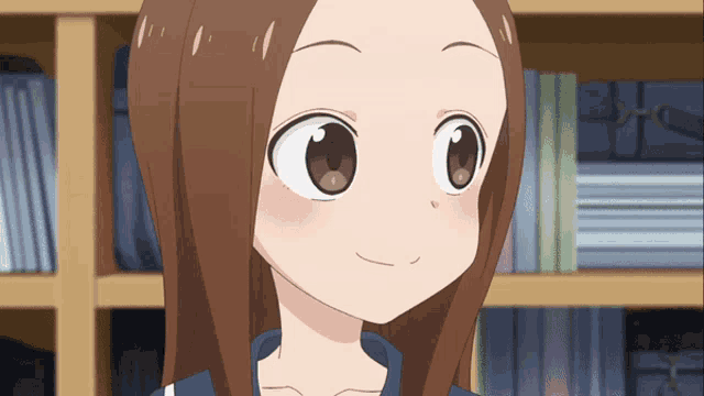 a close up of a cartoon girl 's face with a bookshelf in the background