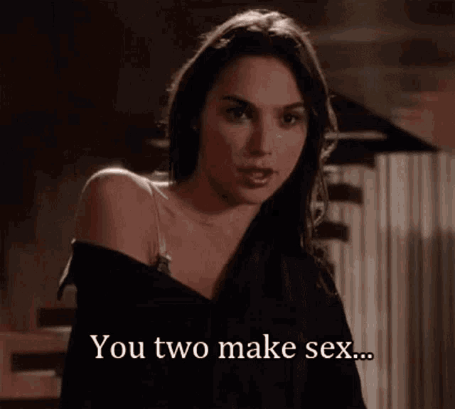 a woman in a black dress says " you two make sex ... "
