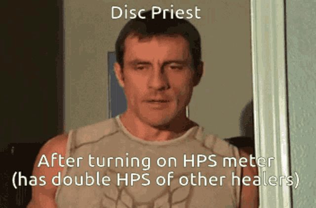 a man is standing in front of a door with the caption disc priest