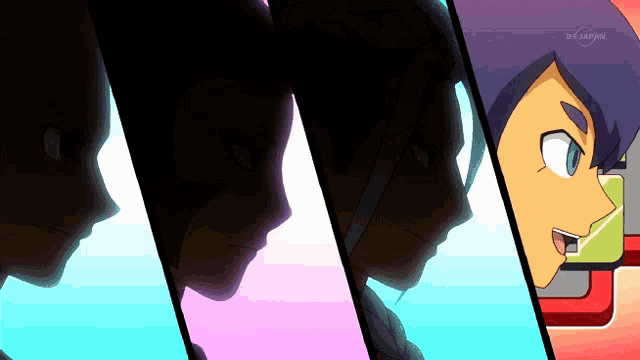 four anime characters are lined up in a row with the letters bs japan in the upper right corner