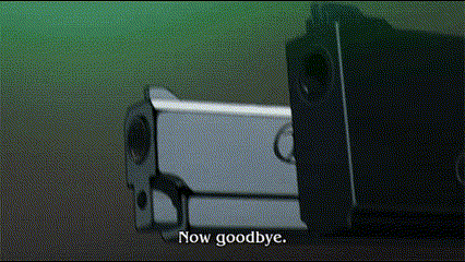 a close up of a gun with the words now goodbye next to it