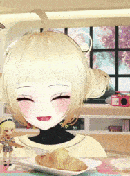 a girl with blonde hair is smiling next to a plate of croissants