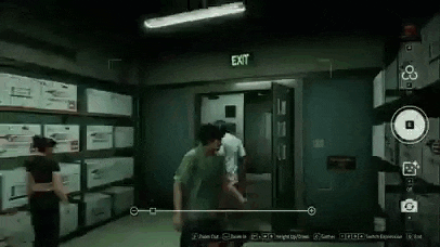 a video game is being played in a dark room with a man and woman walking through an exit door .