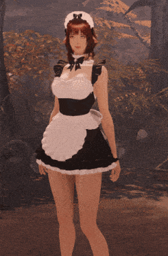 a girl in a maid costume is standing in a forest