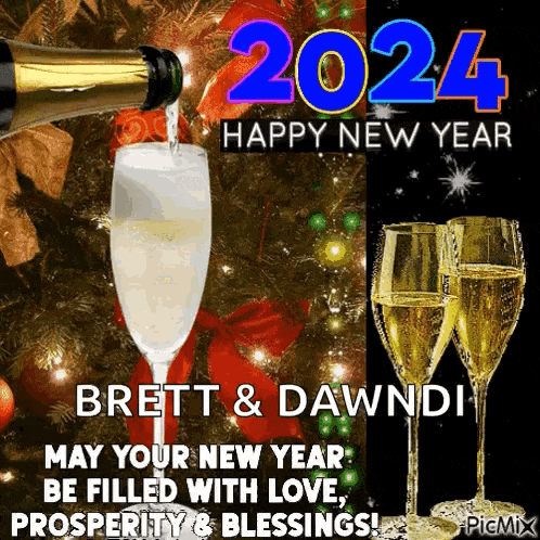 a happy new year greeting card with a bottle of champagne and two glasses of champagne