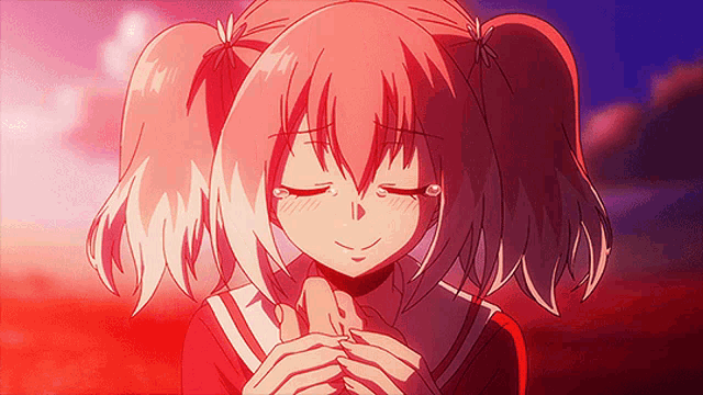 a girl with pink hair and pigtails is crying