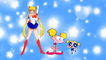 sailor moon and dexter and bubbles from the powerpuff girls are standing next to each other