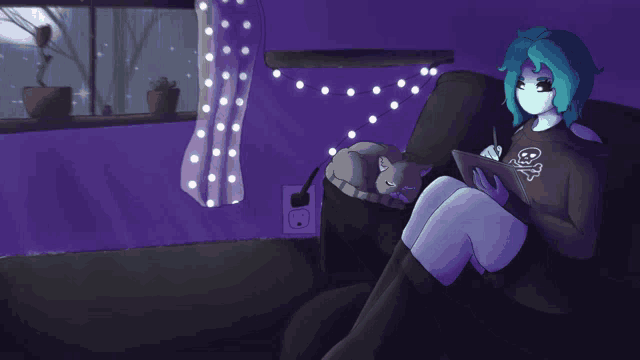 a drawing of a girl sitting on a couch with a skull and crossbones shirt on