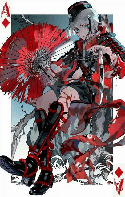 a drawing of a samurai holding a red umbrella and a knife