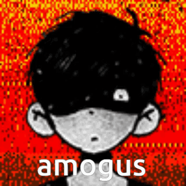 a black and white drawing of a boy with the words amongus written on it .