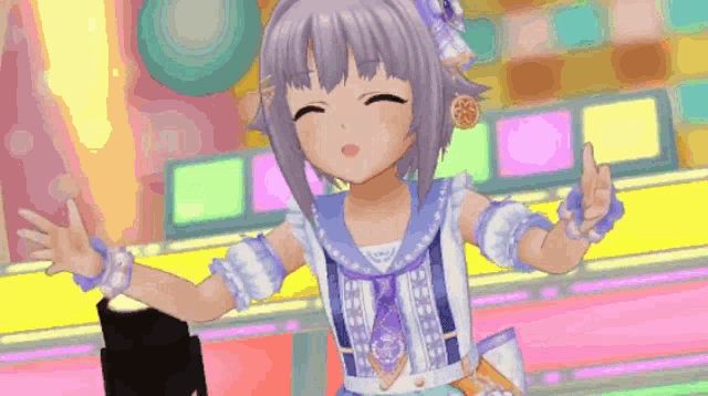 a girl with purple hair and a blue dress is dancing in a video game
