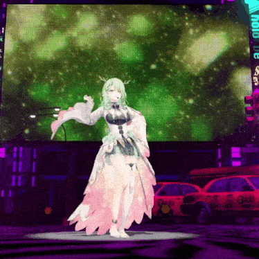 a woman in a pink and white dress is standing in front of a large screen that says ' nuit ' on it
