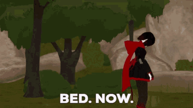 a cartoon character says bed now while standing in the woods