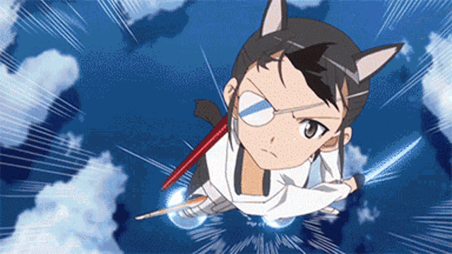 a cartoon character with cat ears is flying through the air