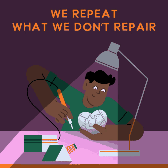 an illustration of a man working on a device with the words we repeat what we do n't repair