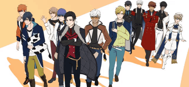 a group of anime characters standing in a line
