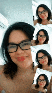 a woman wearing glasses and red lipstick smiles for a selfie