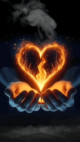 a person is holding a heart made of fire