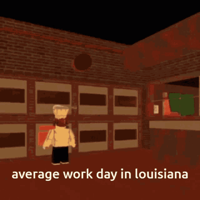 a cartoon of a man standing in front of a building with the words average work day in louisiana on the bottom