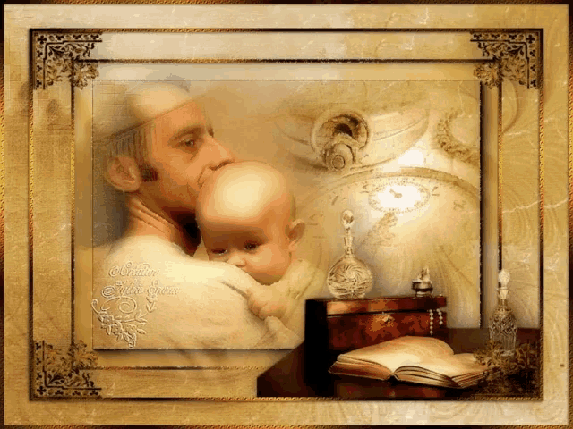 a framed picture of a man holding a baby with a clock in the background and a book