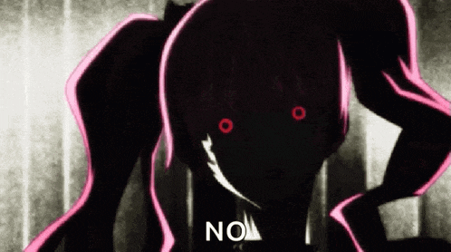 a silhouette of a girl with pink hair and red eyes is standing in front of a wall .