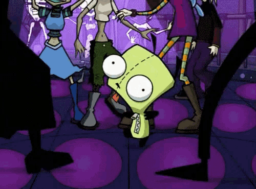 a group of cartoon characters are dancing in a room with purple circles on the floor