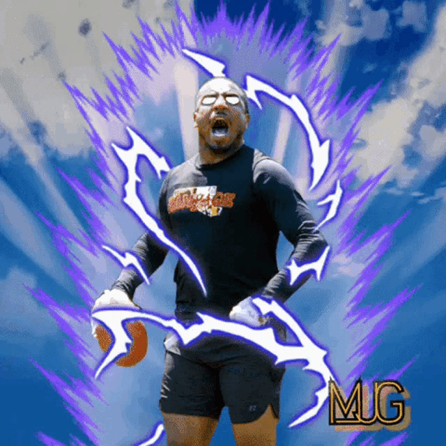 a man holding a basketball with a mug logo in the corner