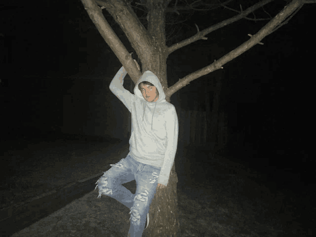 a man in a hoodie leans against a tree in the dark