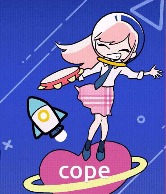a girl is holding a tambourine and standing on a pink heart with the word cope written on it