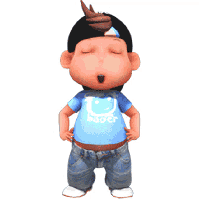a cartoon boy wearing a baoer shirt and jeans