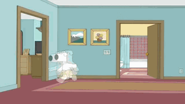 a cartoon character named brian from family guy is running in a room