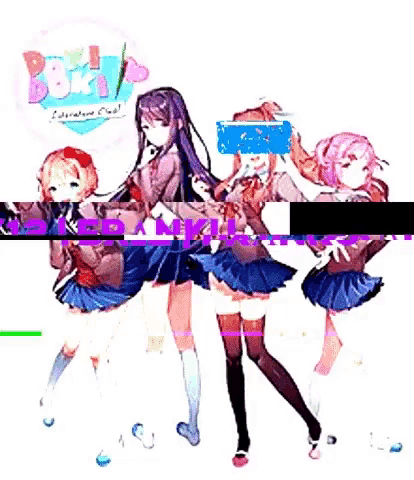 a group of anime girls are standing next to each other on a white background with the word franku in the corner .