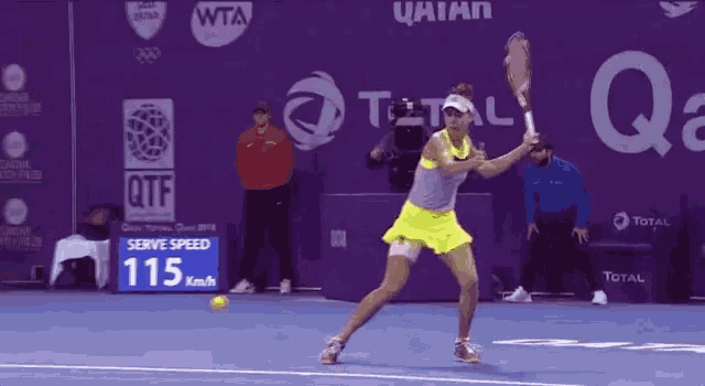 a woman in a yellow skirt is playing tennis and the serve speed is 115 km / h