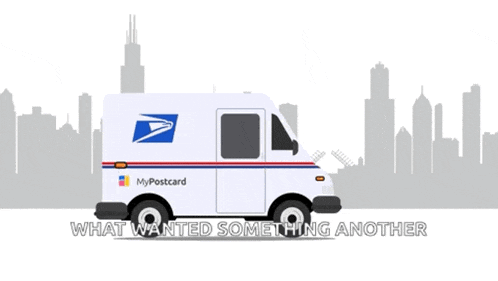 a cartoon illustration of a postcard delivery van