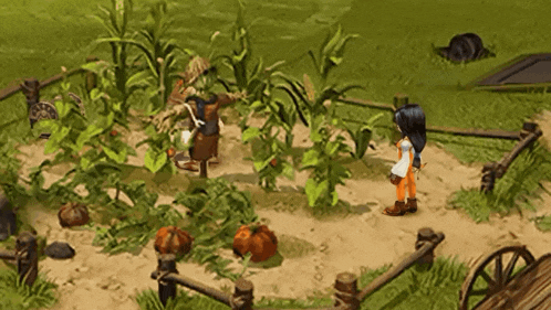 a video game scene with a scarecrow and a woman