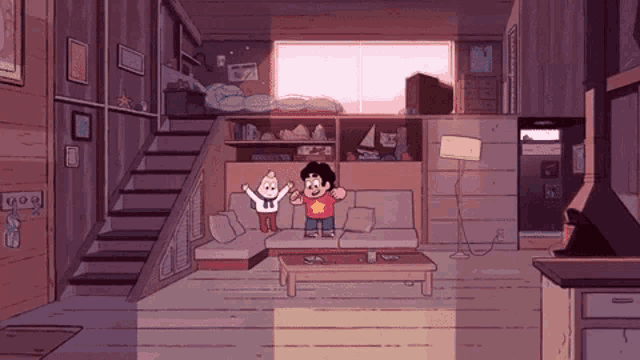 a cartoon drawing of steven universe characters standing in a living room