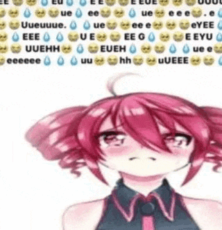 a pink haired anime girl is crying with a lot of emojis around her .