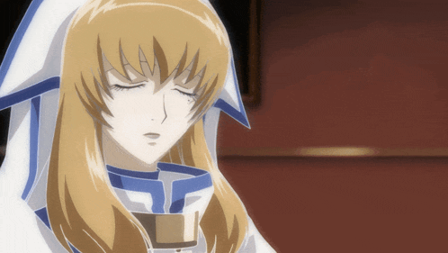a blonde anime character with her eyes closed and a white cape