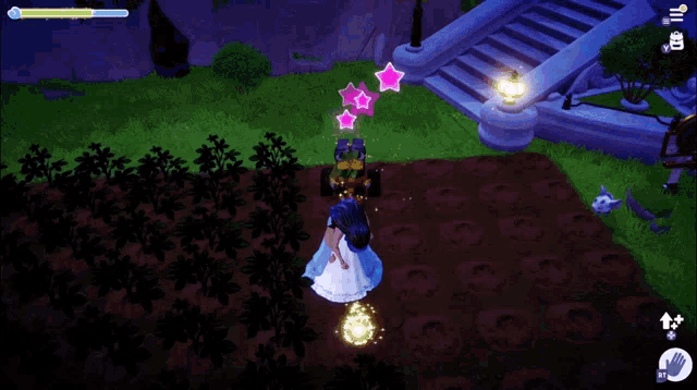 a screenshot of a video game shows a princess standing in a field