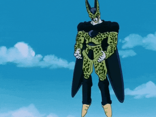 a cell from dragon ball z is flying through the air with the words oh that 's above him