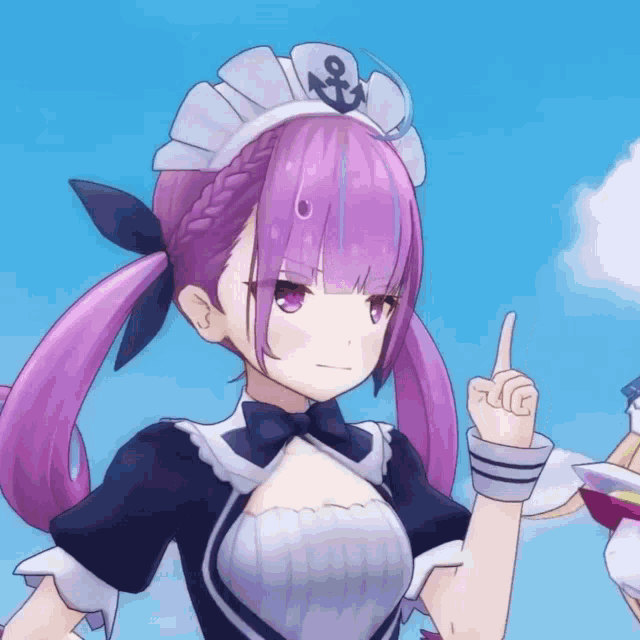 a girl with purple hair is wearing a maid outfit and an anchor hat