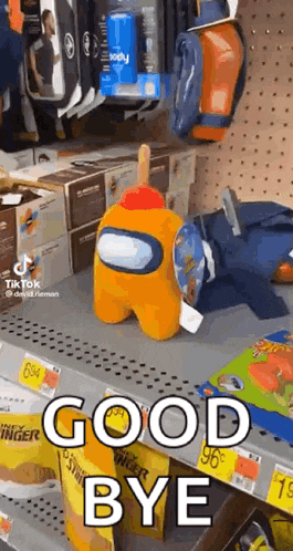 a stuffed animal is sitting on a shelf in a store with the words `` good bye '' written on it .