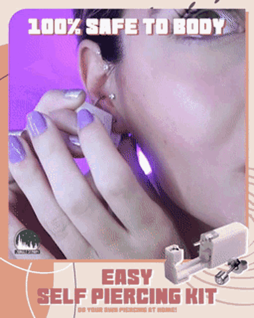 a picture of a woman getting her ears pierced with the words easy self piercing kit