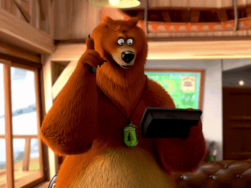 a cartoon bear is talking on a phone and holding a tablet