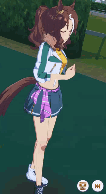 a girl with brown hair and blue eyes is standing on a green field