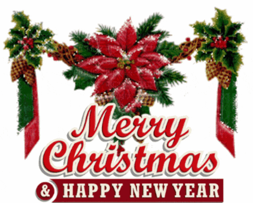 a merry christmas and happy new year sign with poinsettia decorations