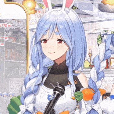 a girl with blue hair is holding a microphone